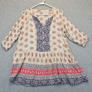 Cream and Blue Casual Sundress with Bishop Sleeves